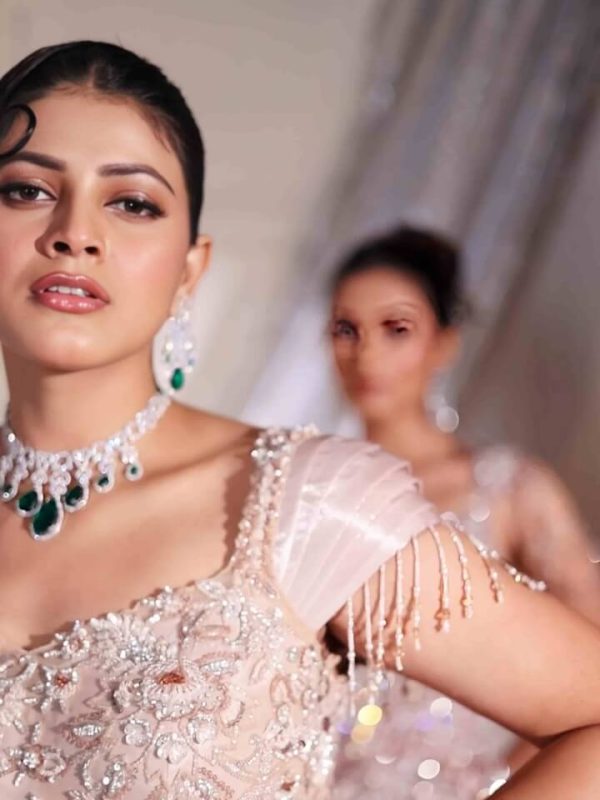 Blush Pink Embellished Designer Gown with Beaded Sleeves