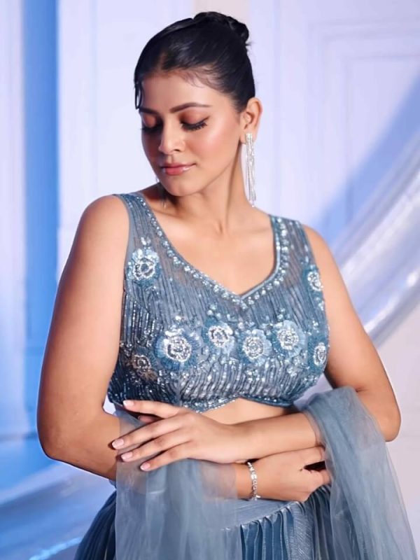 Dusty Blue Sequin Embroidered Net Lehenga Set