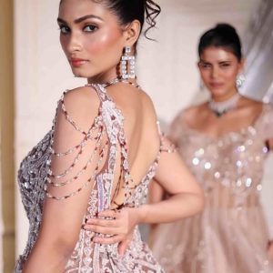 Blush Pink Crystal Embellished Net Lehenga Set