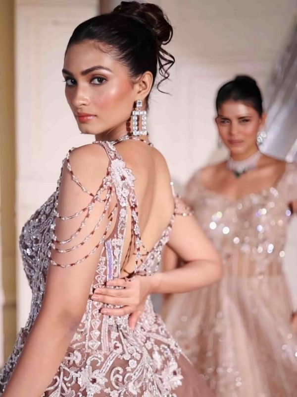Blush Pink Crystal Embellished Net Lehenga Set