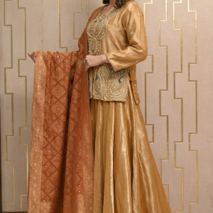 Mustard Gold Tissue Silk Short Kurti & Flared Lehenga Set with Rust-Orange Banarasi Bandhani Dupatta