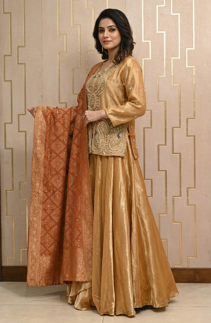 Mustard Gold Tissue Silk Short Kurti & Flared Lehenga Set with Rust-Orange Banarasi Bandhani Dupatta