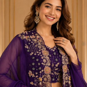 Royal Grape Purple Georgette Lehenga Set with Intricate Floral Embroidered Long Cape Jacket & Bustier