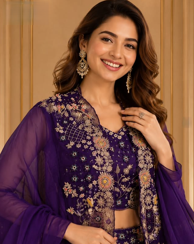 Royal Grape Purple Georgette Lehenga Set with Intricate Floral Embroidered Long Cape Jacket & Bustier