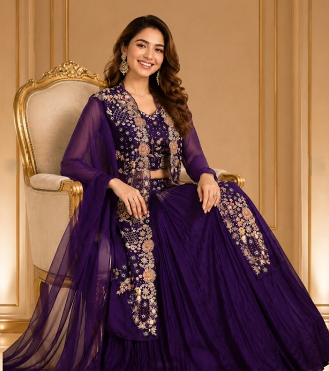 Royal Grape Purple Georgette Lehenga Set with Intricate Floral Embroidered Long Cape Jacket & Bustier - Image 2