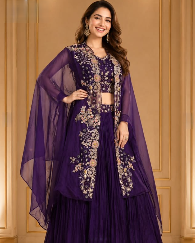 Royal Grape Purple Georgette Lehenga Set with Intricate Floral Embroidered Long Cape Jacket & Bustier - Image 3