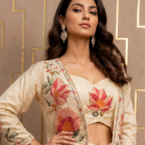Ivory Silk Indo-Western Draped Skirt Set with Hand-Embroidered Lotus Motif Crop Jacket & Bustier