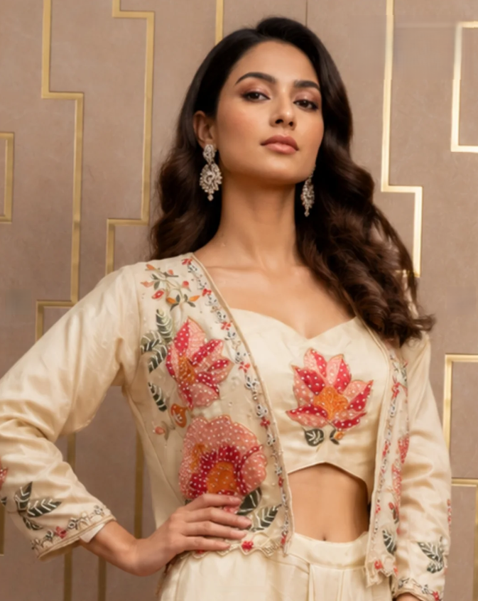 Ivory Silk Indo-Western Draped Skirt Set with Hand-Embroidered Lotus Motif Crop Jacket & Bustier
