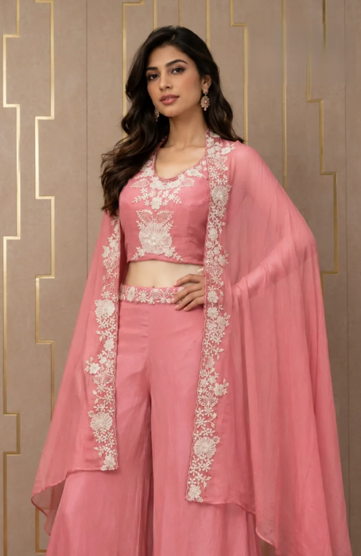 Blush Pink Silk Indo-Western Sharara Set with Ivory Floral Embroidered Cape Shrug & Crop Top - Image 2