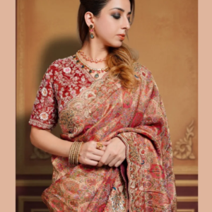 Vintage Maroon Hand-Woven Kashmiri Pashmina Silk Saree with Intricate Floral Jamawar Weave and Scalloped Zardosi Border