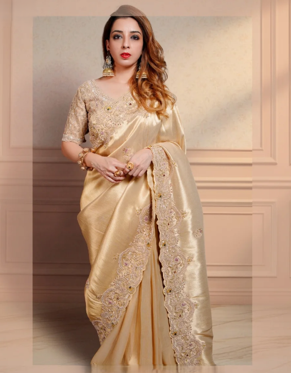Champagne Gold Metallic Silk Saree with Intricate Scalloped Cutwork Zardosi Border & Heavily Embellished Blouse - Image 4