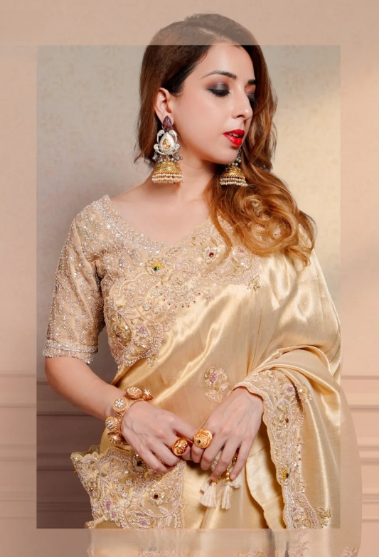Champagne Gold Metallic Silk Saree with Intricate Scalloped Cutwork Zardosi Border & Heavily Embellished Blouse - Image 3