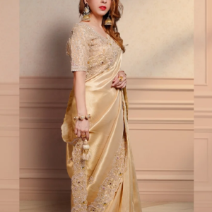 Champagne Gold Metallic Silk Saree with Intricate Scalloped Cutwork Zardosi Border & Heavily Embellished Blouse