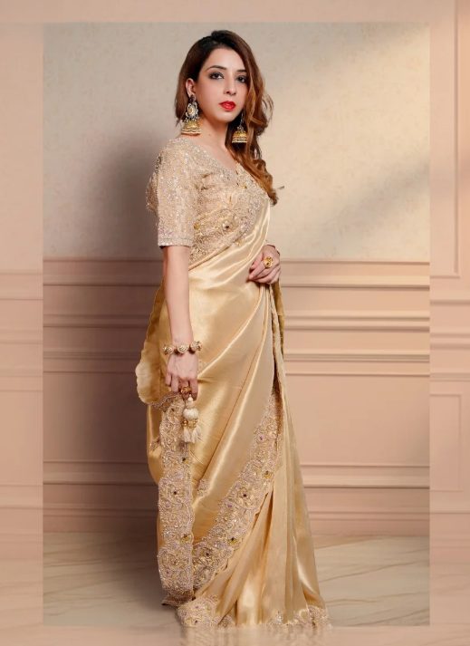 Champagne Gold Metallic Silk Saree with Intricate Scalloped Cutwork Zardosi Border & Heavily Embellished Blouse