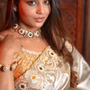 Silver-Sage Kora Tissue Silk Saree with Scalloped Cutwork Border & Contrast Sun-Gold Hand-Embroidered Blouse