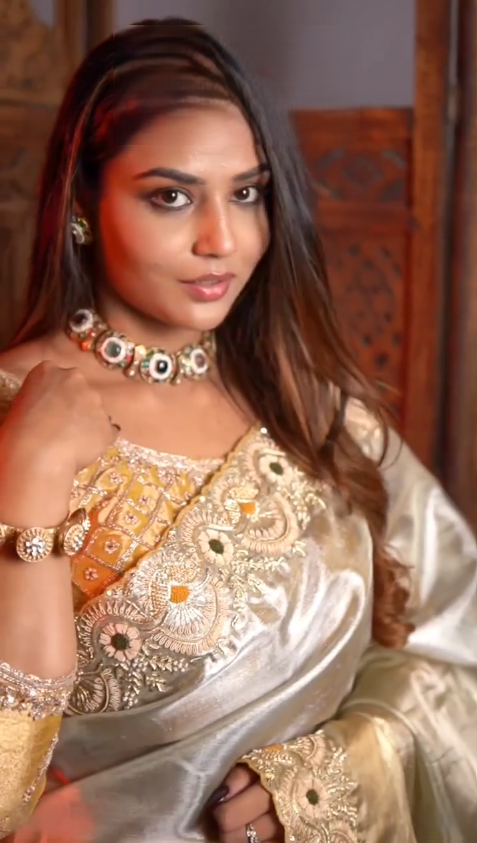 Silver-Sage Kora Tissue Silk Saree with Scalloped Cutwork Border & Contrast Sun-Gold Hand-Embroidered Blouse