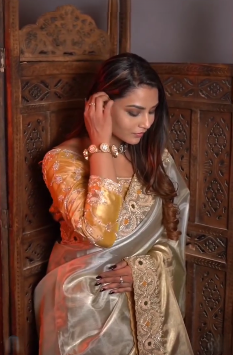 Silver-Sage Kora Tissue Silk Saree with Scalloped Cutwork Border & Contrast Sun-Gold Hand-Embroidered Blouse - Image 2