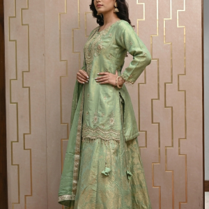 Sage Green Silk Short Kurti & Woven Jacquard Sharara Skirt Set with Hand-Embroidered Scalloped Borders