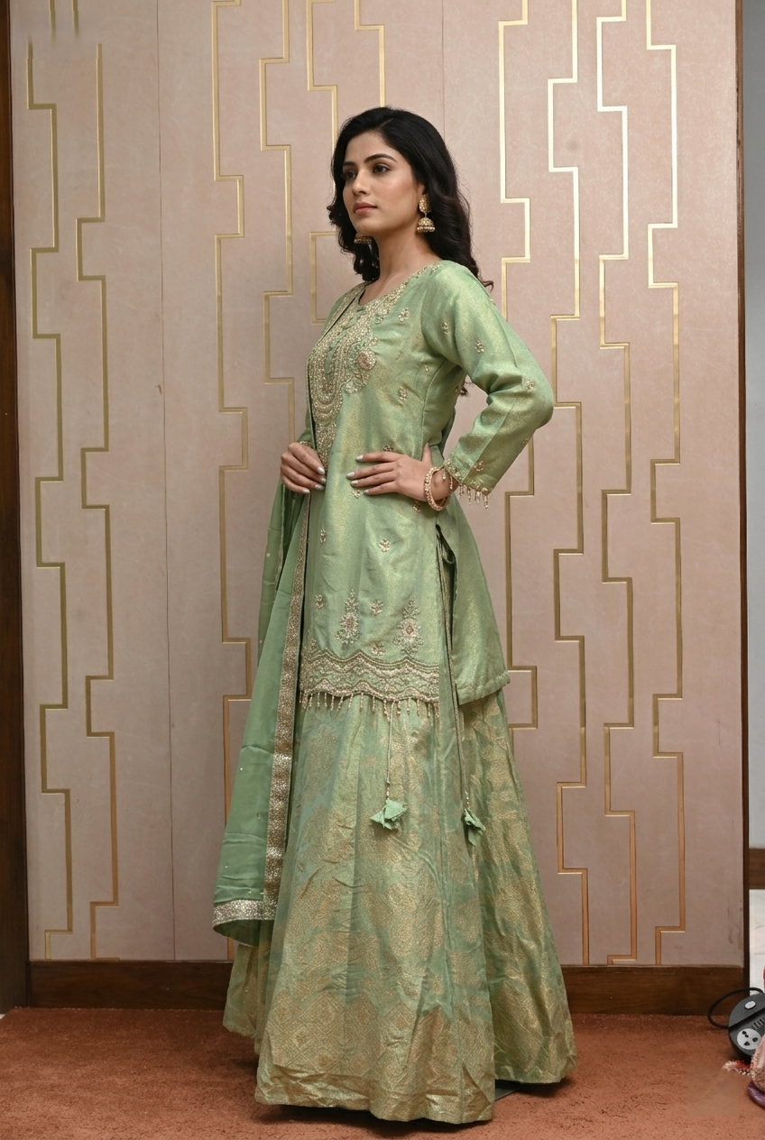 Sage Green Silk Short Kurti & Woven Jacquard Sharara Skirt Set with Hand-Embroidered Scalloped Borders