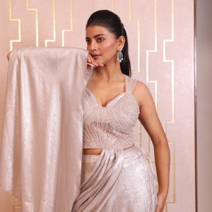 Metallic Shimmer Pre-Stitched Saree Gown with Embellished Corset Blouse