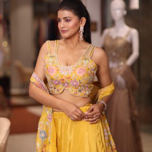 Vibrant Mustard Yellow Silk Lehenga Set with Multi-Strap Blouse and Embroidered Longline Jacket