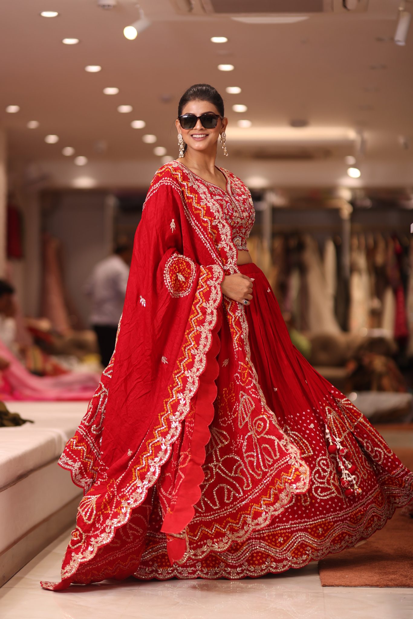 Sindoori Red Silk Bridal Lehenga Set with Intricate Floral Gota Patti and Hand-Embroidered Bandhani Dupatta - Image 5