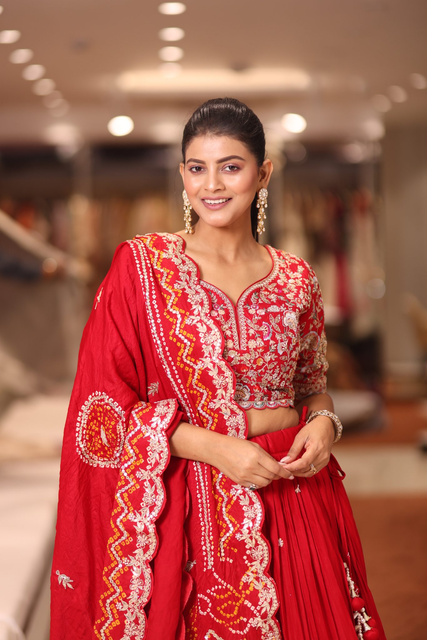 Sindoori Red Silk Bridal Lehenga Set with Intricate Floral Gota Patti and Hand-Embroidered Bandhani Dupatta - Image 4