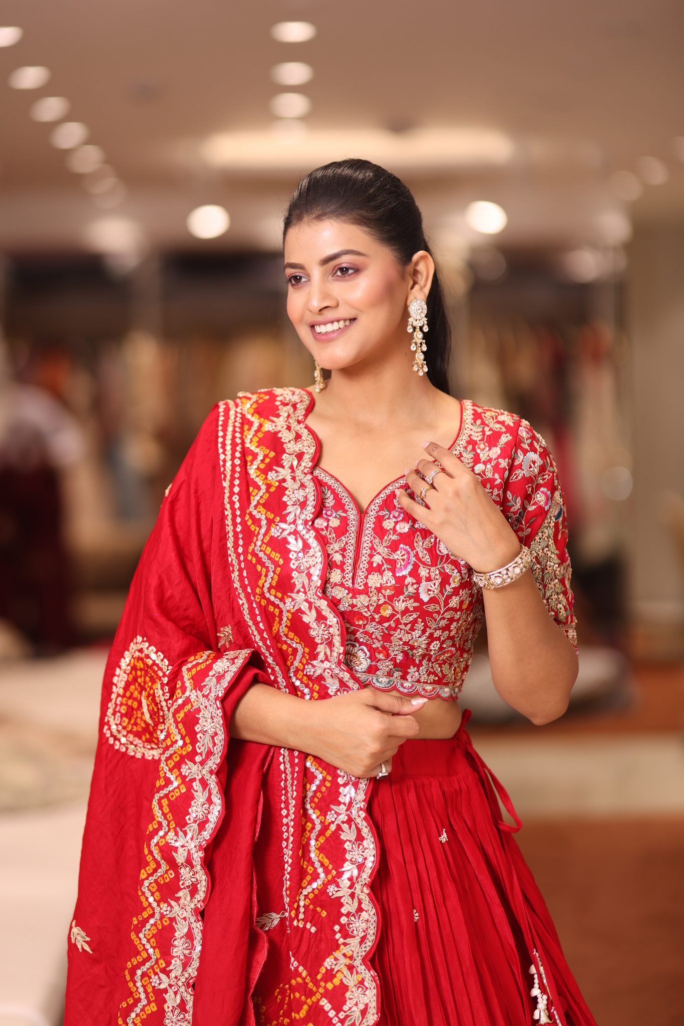 Sindoori Red Silk Bridal Lehenga Set with Intricate Floral Gota Patti and Hand-Embroidered Bandhani Dupatta - Image 3