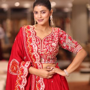Sindoori Red Silk Bridal Lehenga Set with Intricate Floral Gota Patti and Hand-Embroidered Bandhani Dupatta