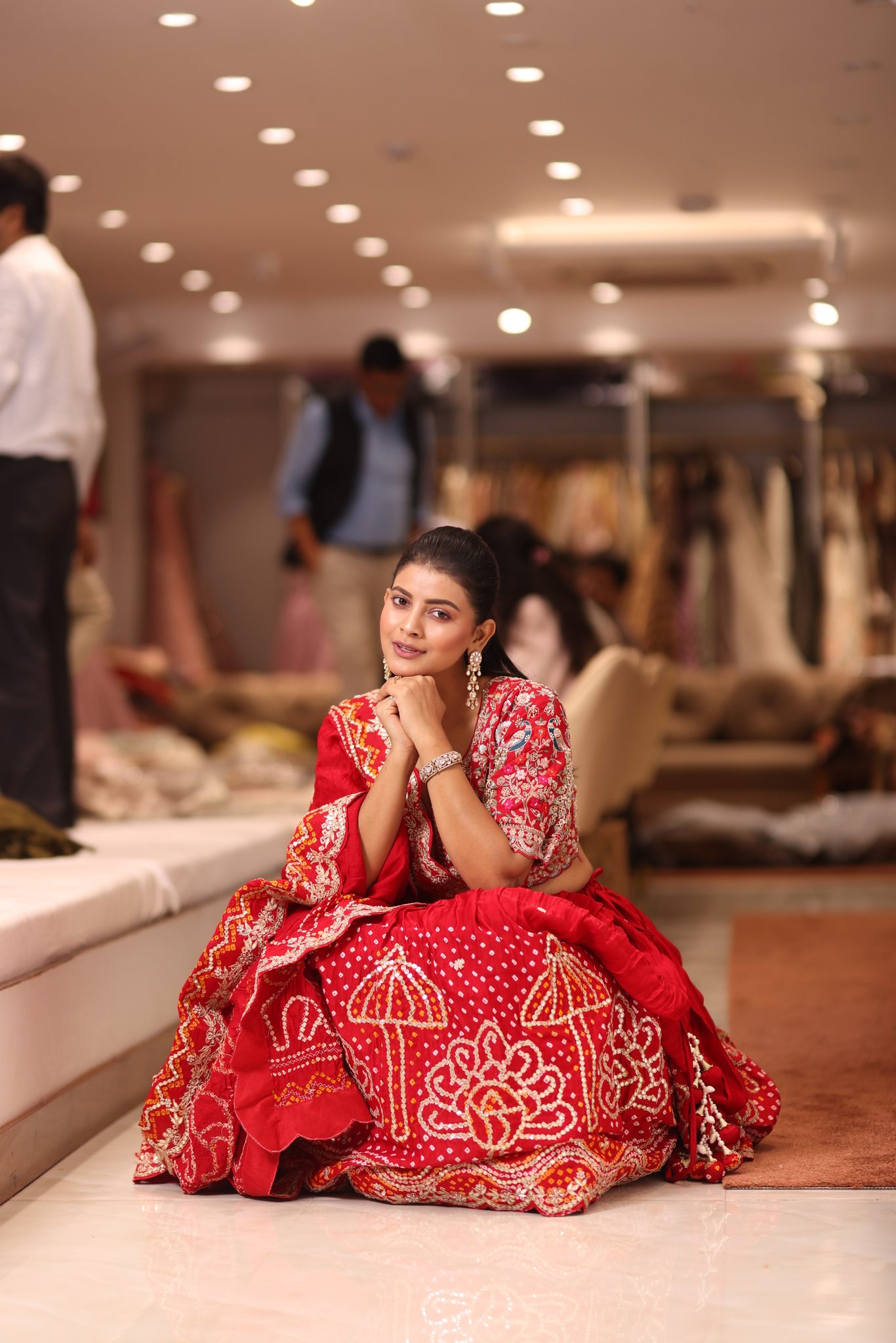 Sindoori Red Silk Bridal Lehenga Set with Intricate Floral Gota Patti and Hand-Embroidered Bandhani Dupatta - Image 2
