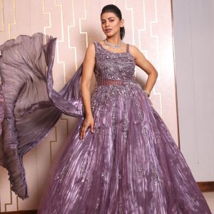 Mauve Lavender Metallic Shimmer Cocktail Gown with Embroidered Corset Bodice and Pre-Draped Tulle Dupatta