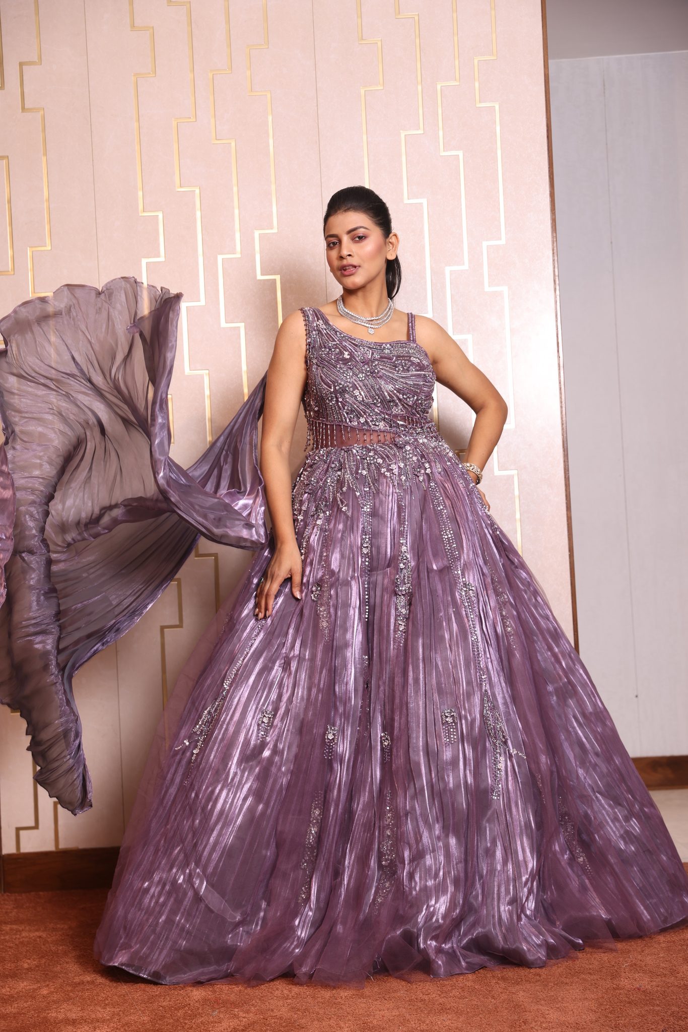 Mauve Lavender Metallic Shimmer Cocktail Gown with Embroidered Corset Bodice and Pre-Draped Tulle Dupatta