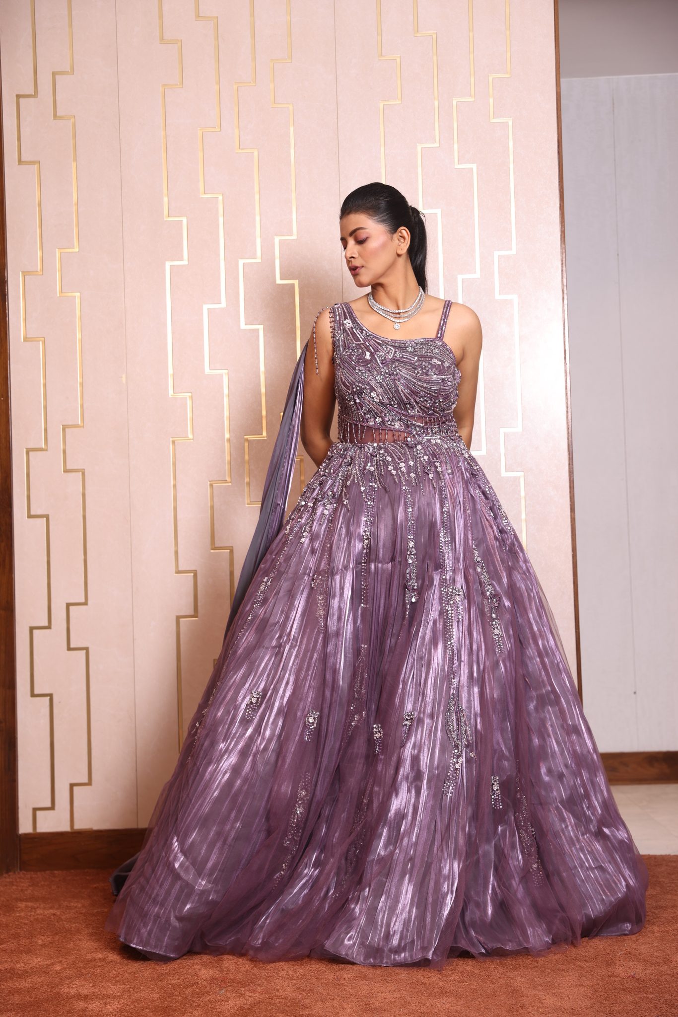 Mauve Lavender Metallic Shimmer Cocktail Gown with Embroidered Corset Bodice and Pre-Draped Tulle Dupatta - Image 4