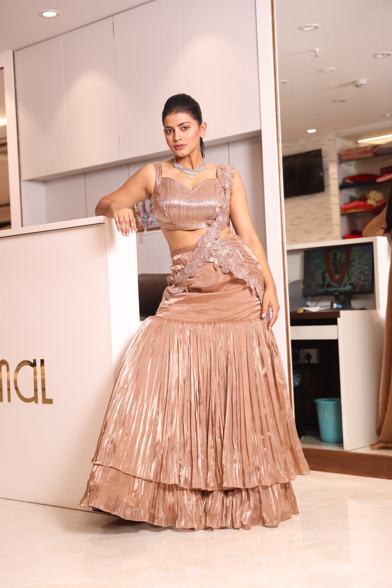 Rose Gold Metallic Shimmer Sharara Set with Linear-Veined Blouse and Asymmetrical 3D Floral Drape - Image 6