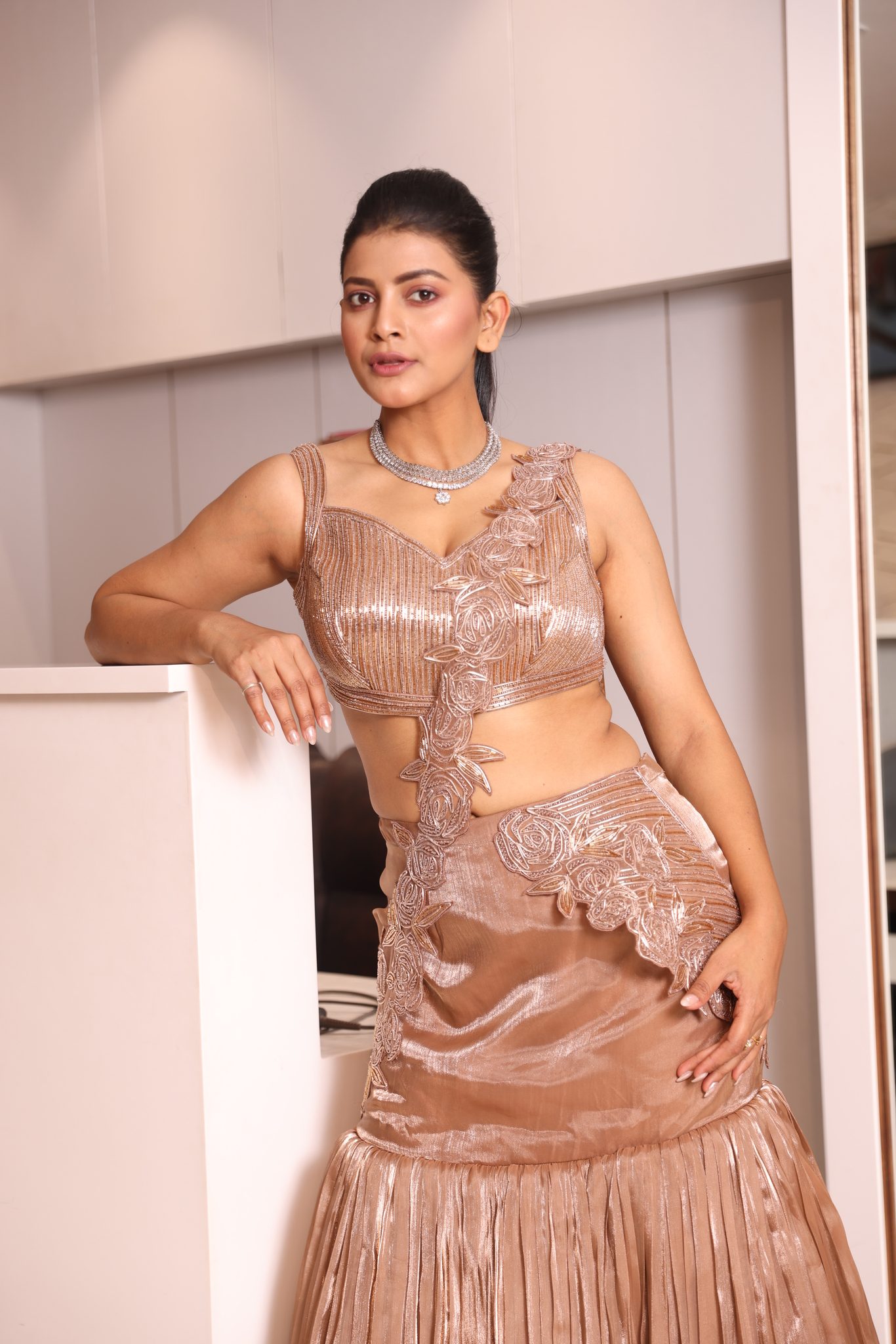 Rose Gold Metallic Shimmer Sharara Set with Linear-Veined Blouse and Asymmetrical 3D Floral Drape - Image 5