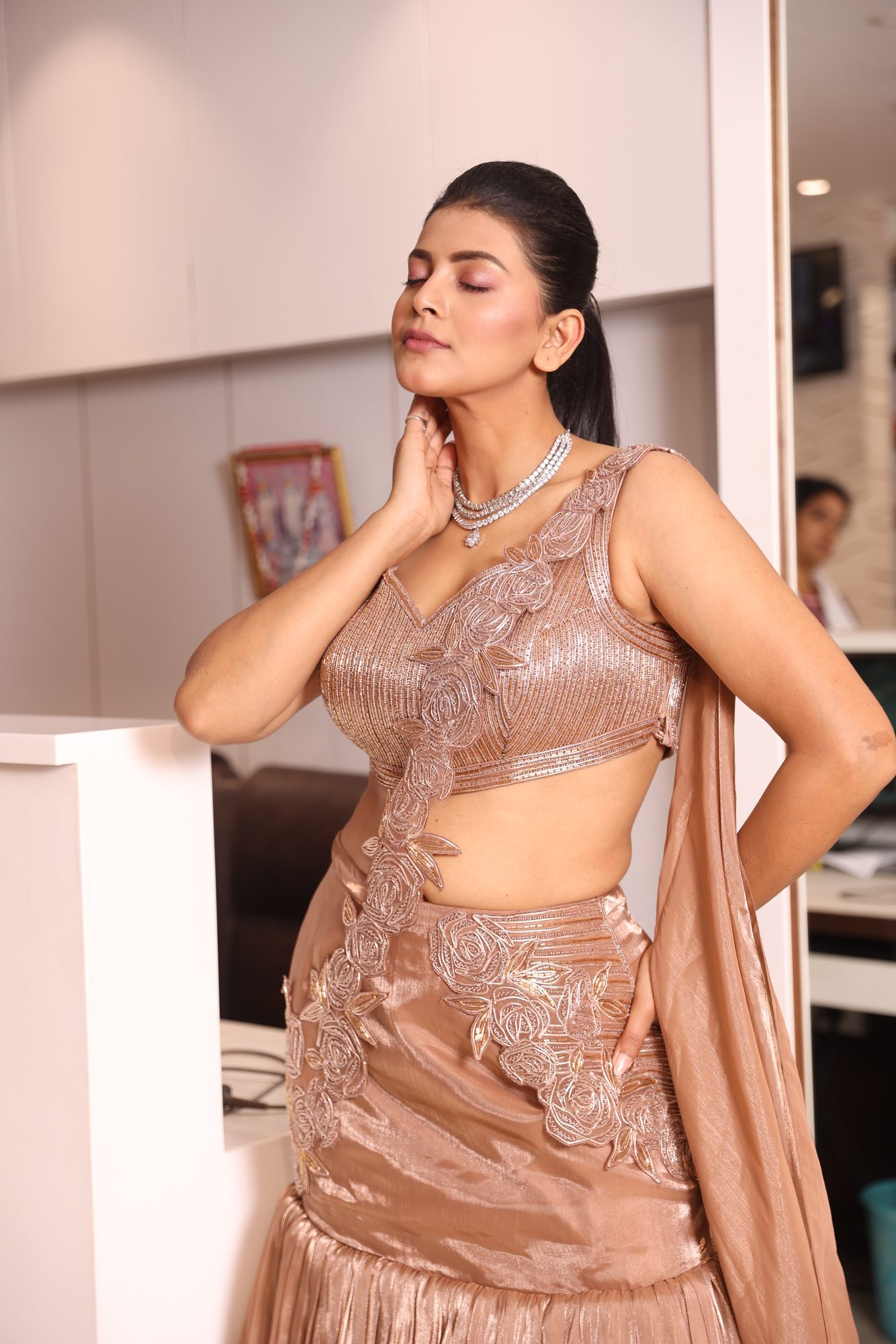 Rose Gold Metallic Shimmer Sharara Set with Linear-Veined Blouse and Asymmetrical 3D Floral Drape - Image 2