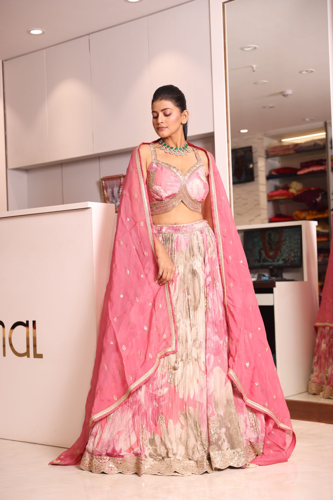 Blush Pink Floral Printed Crush Lehenga Set with Embroidered Inverted-V Bustier and Matching Dupatta - Image 6