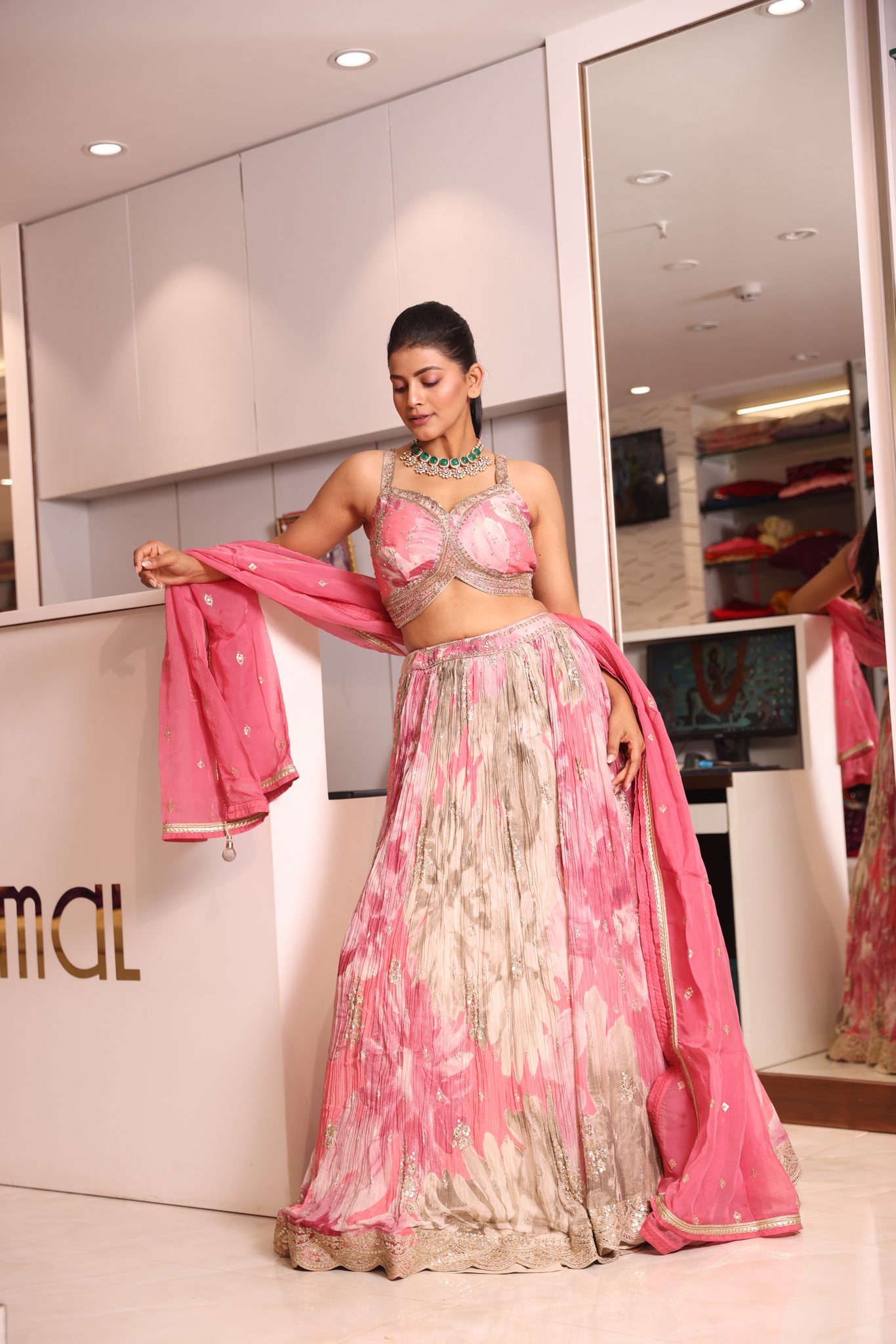 Blush Pink Floral Printed Crush Lehenga Set with Embroidered Inverted-V Bustier and Matching Dupatta - Image 5