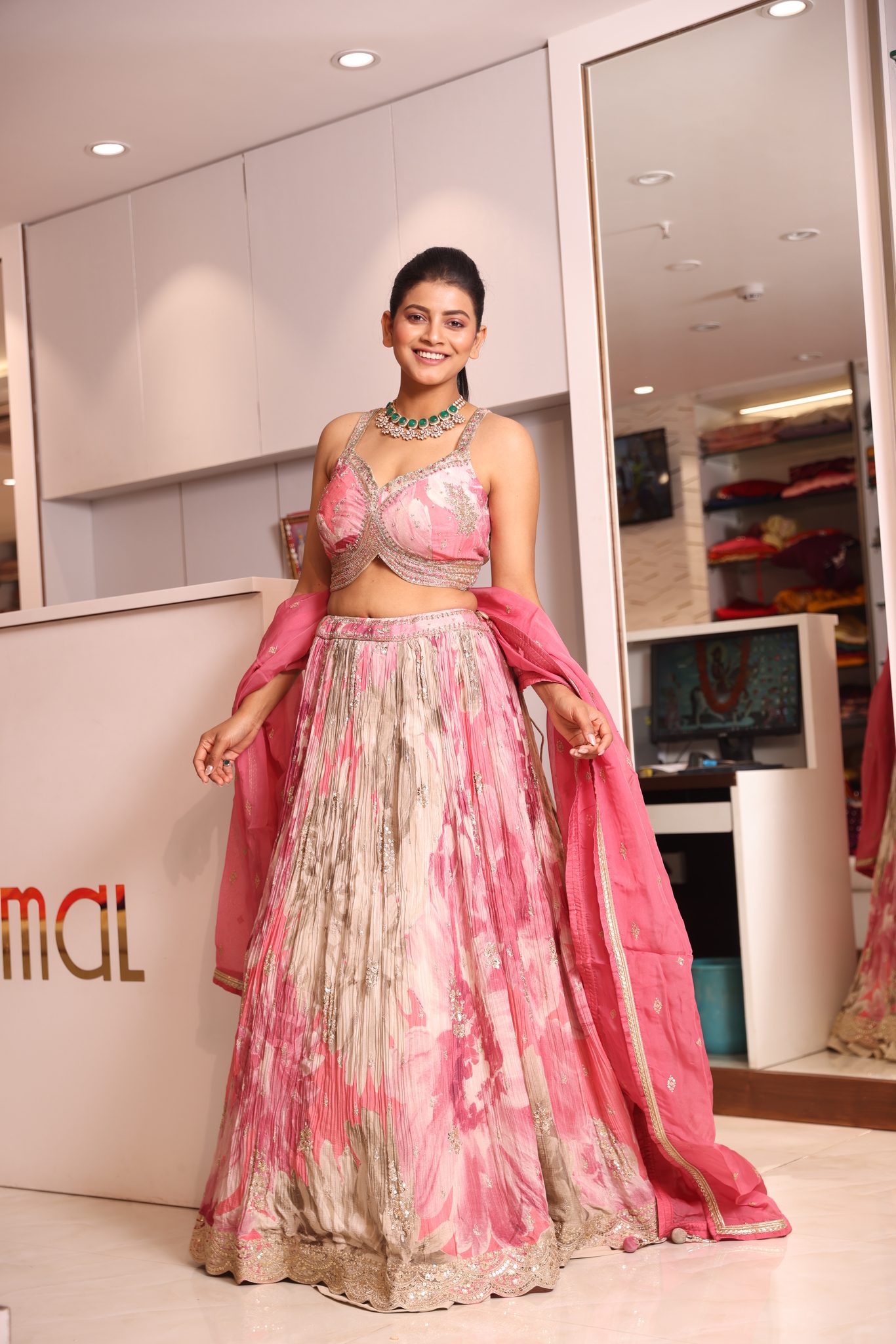 Blush Pink Floral Printed Crush Lehenga Set with Embroidered Inverted-V Bustier and Matching Dupatta - Image 4