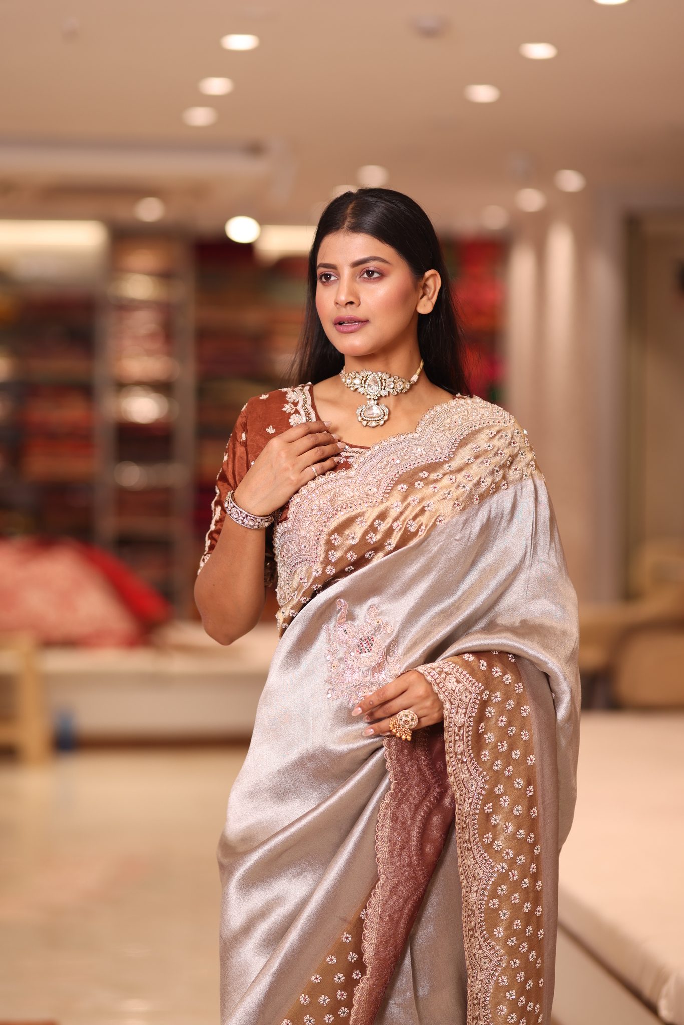 Metallic Silver-Champagne Liquid Satin Saree with Deep Copper Hand-Embroidered Cutwork Border