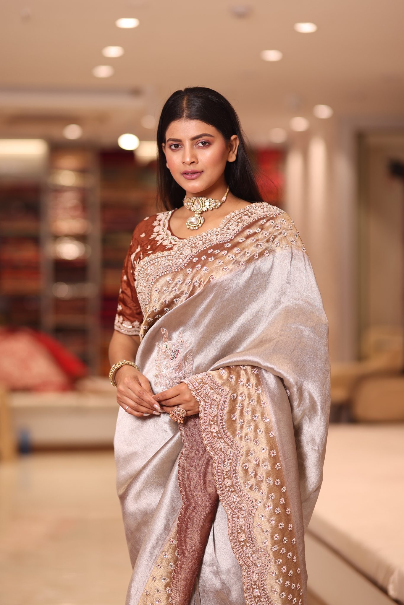 Metallic Silver-Champagne Liquid Satin Saree with Deep Copper Hand-Embroidered Cutwork Border - Image 5