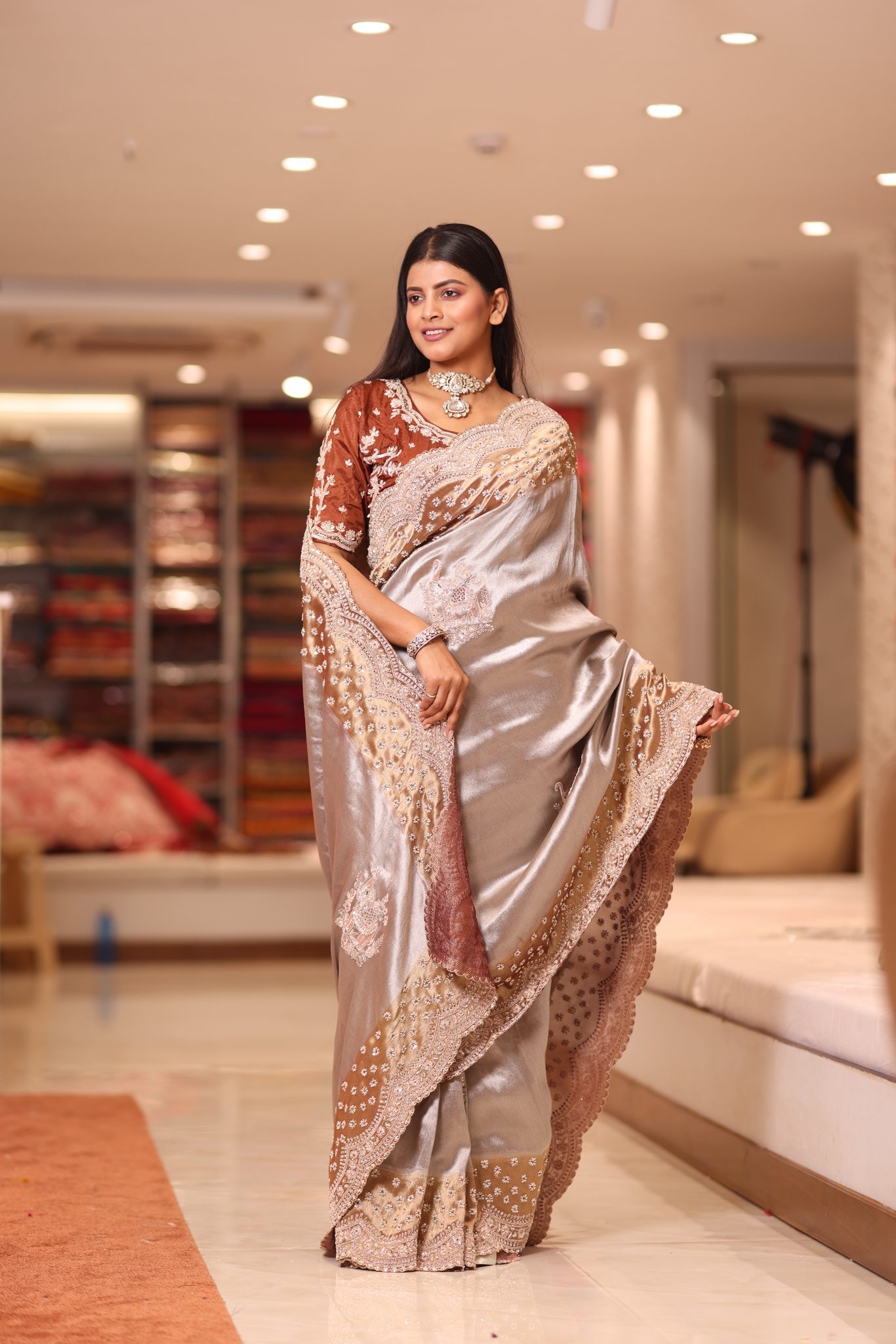 Metallic Silver-Champagne Liquid Satin Saree with Deep Copper Hand-Embroidered Cutwork Border - Image 4