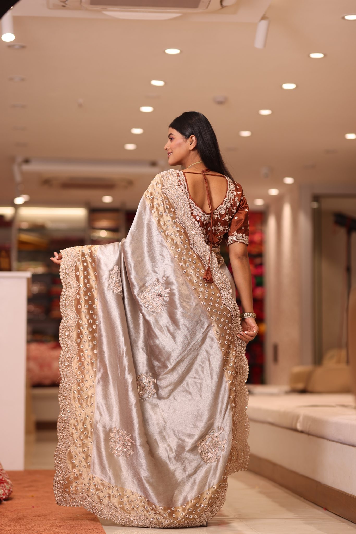 Metallic Silver-Champagne Liquid Satin Saree with Deep Copper Hand-Embroidered Cutwork Border - Image 3