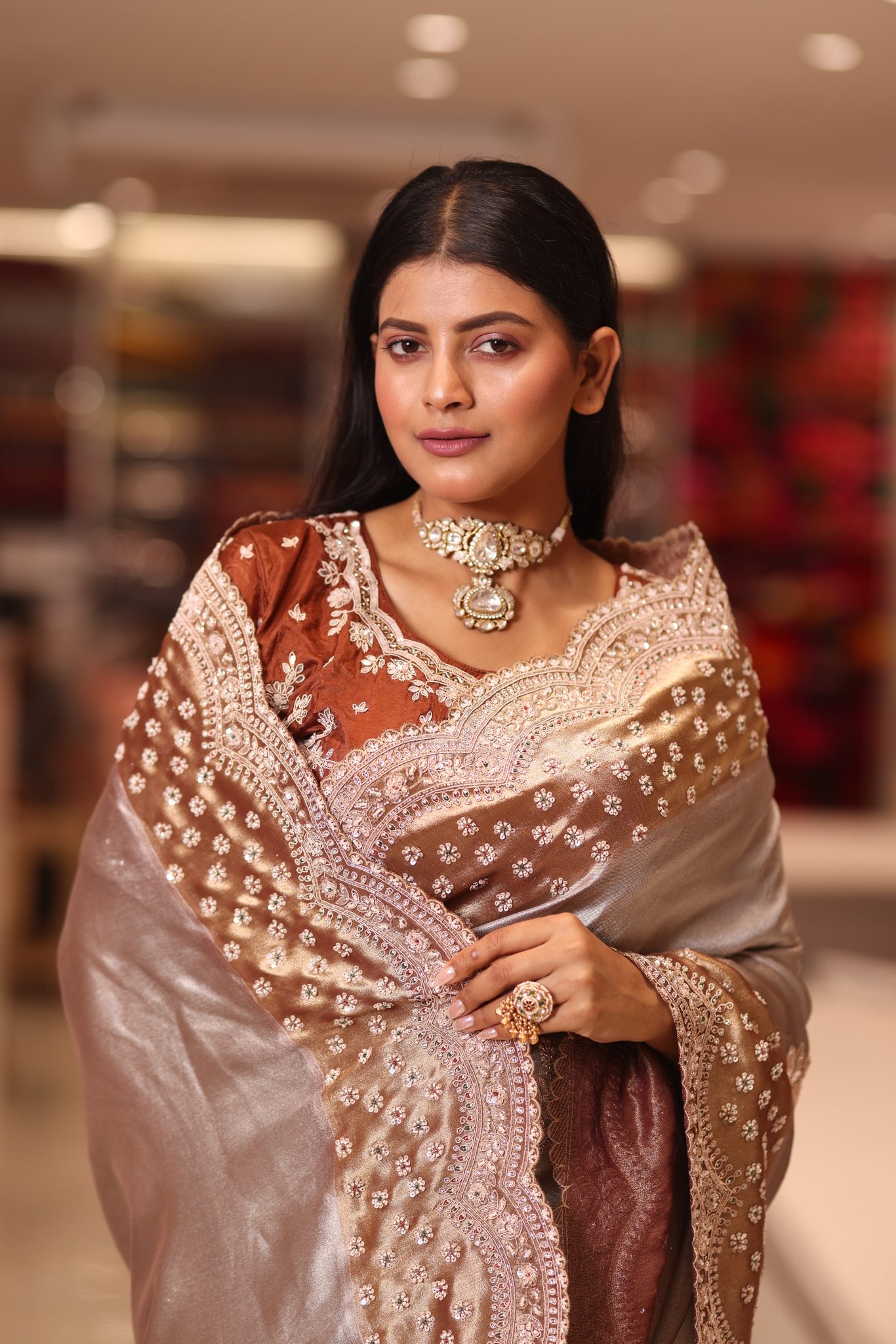 Metallic Silver-Champagne Liquid Satin Saree with Deep Copper Hand-Embroidered Cutwork Border - Image 2