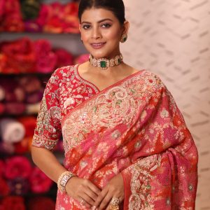 Cherry Red & Rani Pink Pure Silk Bandhani Saree with Ornate Hand-Embroidered Zardosi & Gota Patti Border