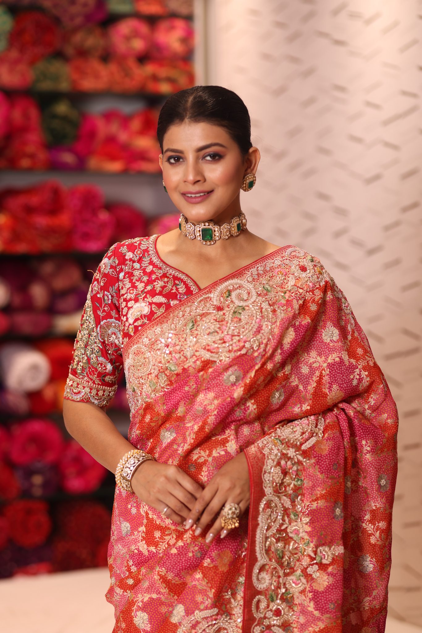 Cherry Red & Rani Pink Pure Silk Bandhani Saree with Ornate Hand-Embroidered Zardosi & Gota Patti Border