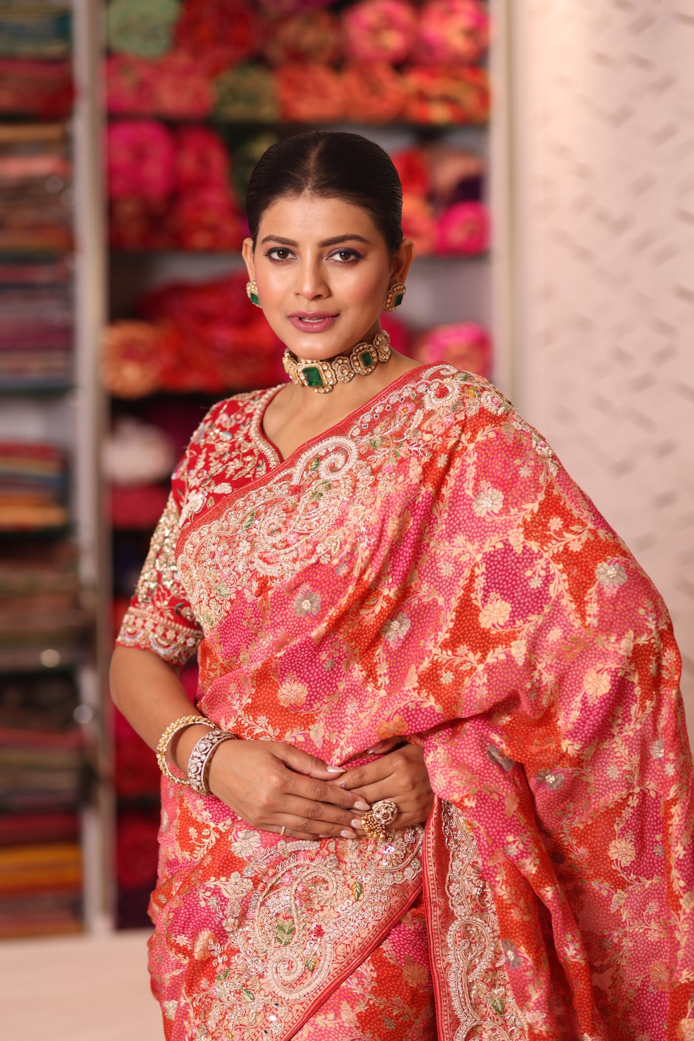 Cherry Red & Rani Pink Pure Silk Bandhani Saree with Ornate Hand-Embroidered Zardosi & Gota Patti Border - Image 7