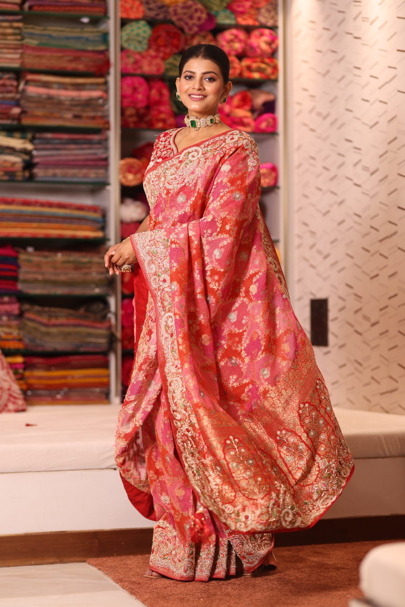 Cherry Red & Rani Pink Pure Silk Bandhani Saree with Ornate Hand-Embroidered Zardosi & Gota Patti Border - Image 5