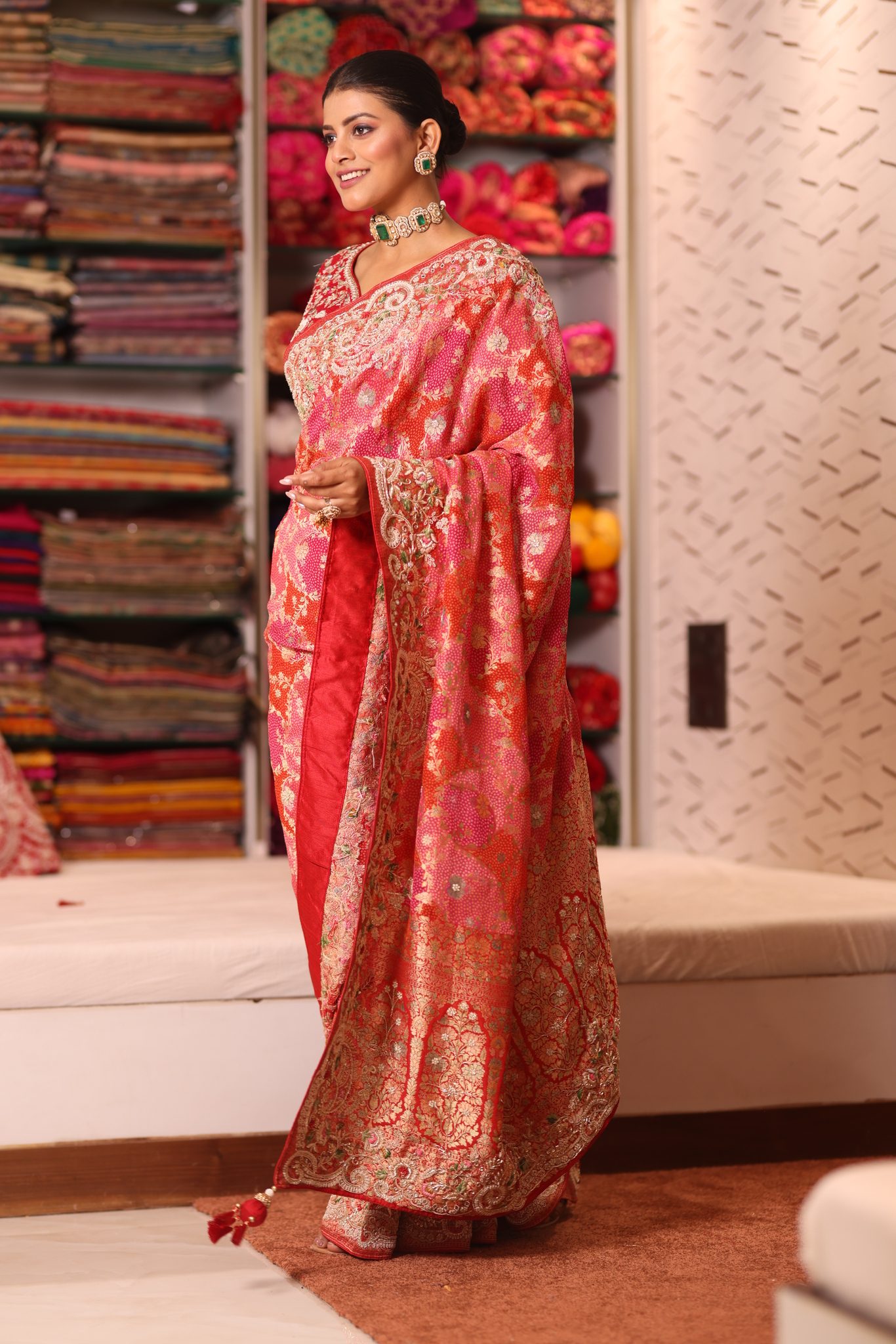 Cherry Red & Rani Pink Pure Silk Bandhani Saree with Ornate Hand-Embroidered Zardosi & Gota Patti Border - Image 4