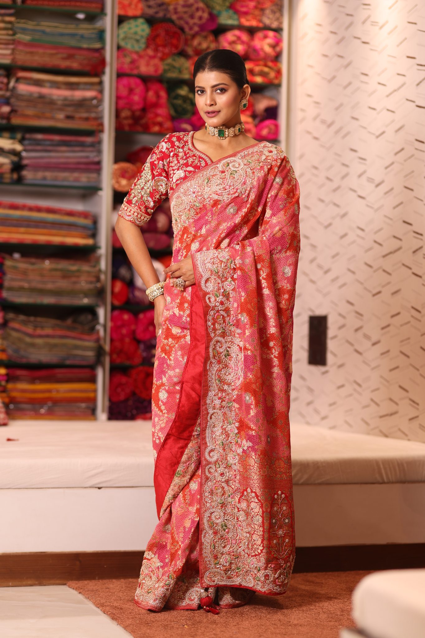 Cherry Red & Rani Pink Pure Silk Bandhani Saree with Ornate Hand-Embroidered Zardosi & Gota Patti Border - Image 3